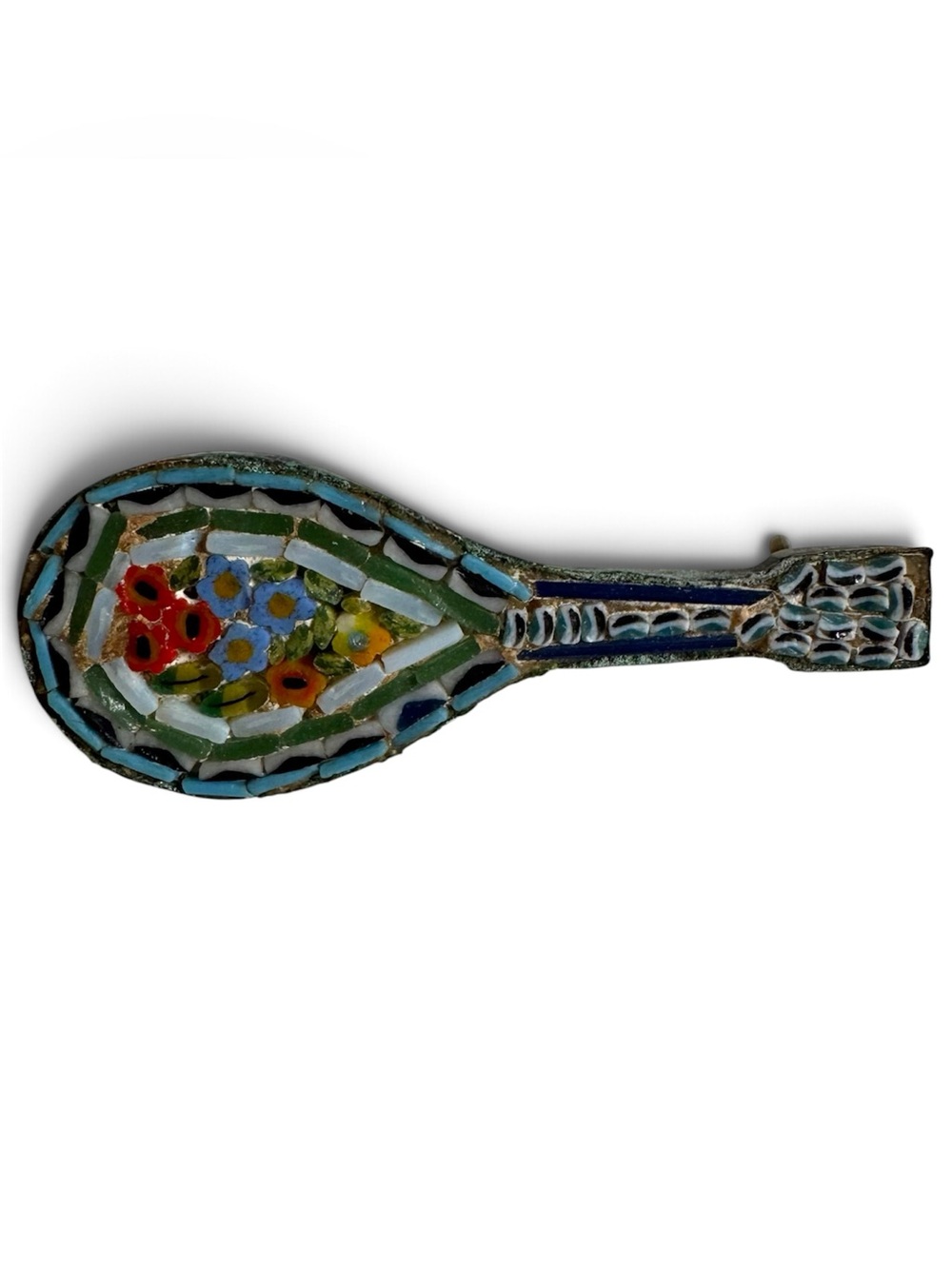 Vtg Italian Micro Mosaic Mandolin Lute Brooch Pin Floral Glass Boho Antique Boho